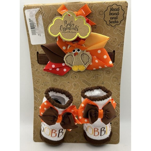 Thanksgiving Baby Gift Set Head Band Socks Fall Turkey 0-6 Months Polka Dots New - Picture 1 of 7